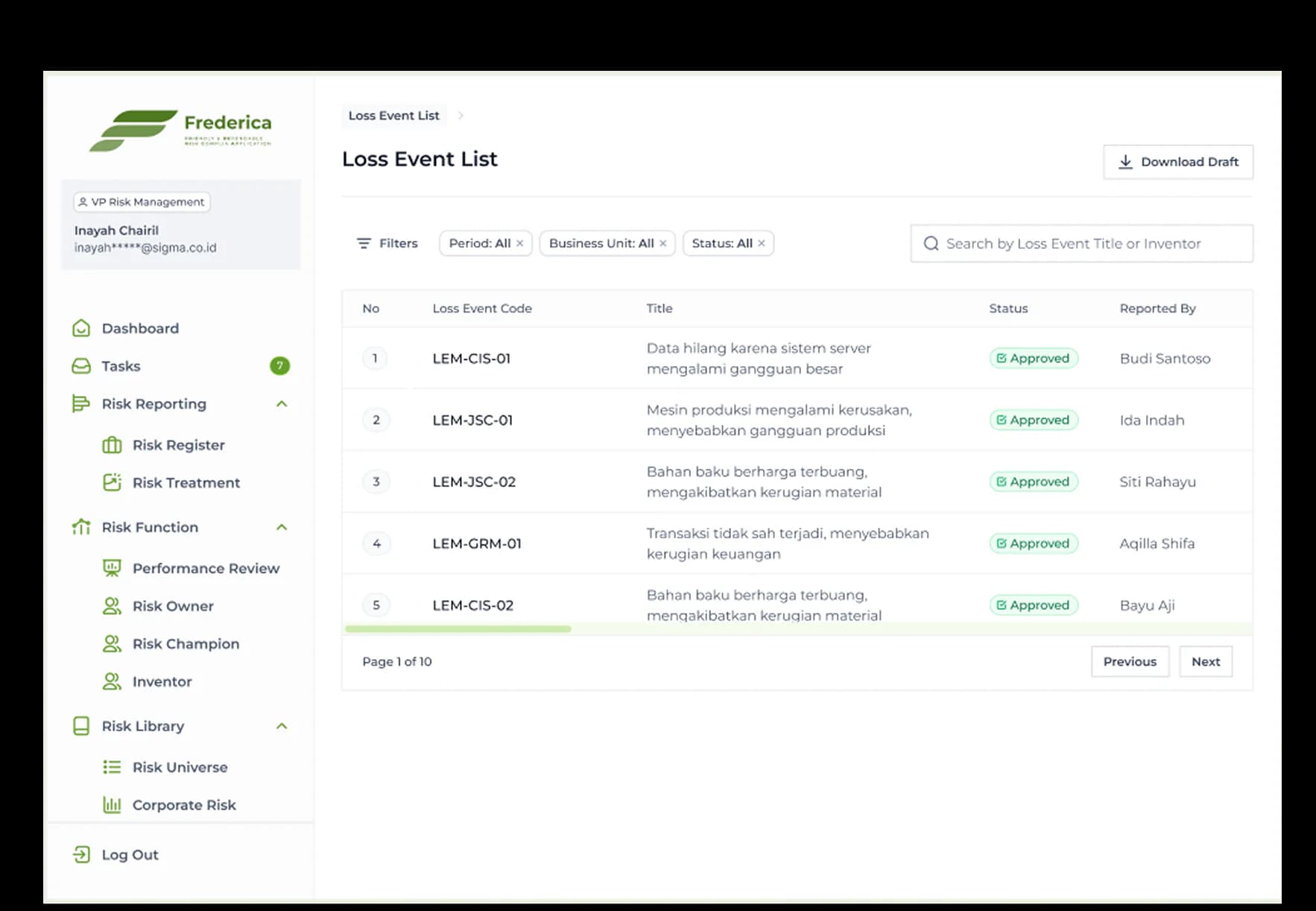 Frederica – Enterprise Risk Management Platform — project view 2